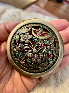 Vintage Brass Compact Mirror with Flower Decorative Gem Accents